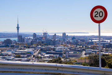 Whole city view with signboard at Mt. Eden in Auckland, New Zealand 