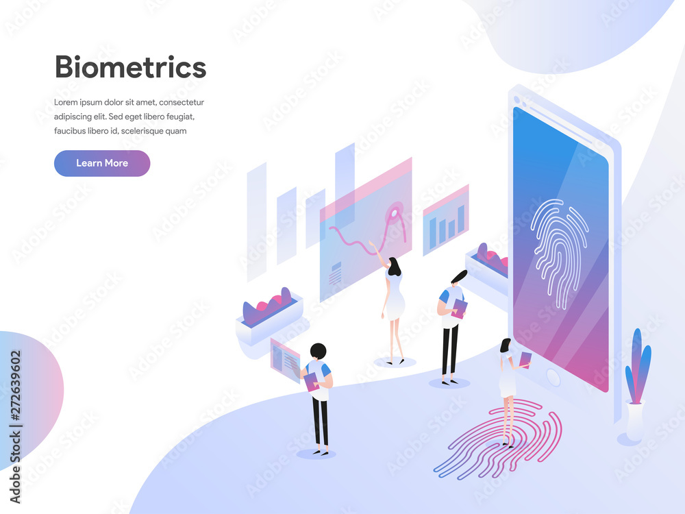 Poster landing page template of biometrics technology isometric illustration concept. isometric flat design