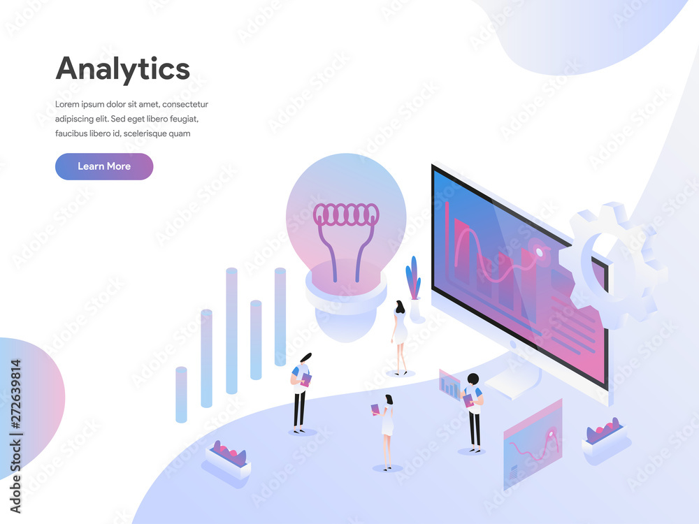 Poster landing page template of data analysis isometric illustration concept. isometric flat design concept