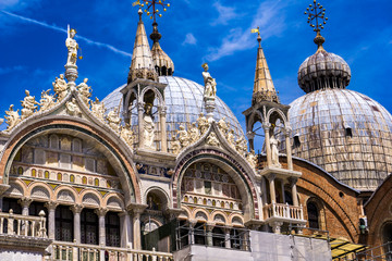 Architectural details from the upper part of facade of San Marco in Venice, Italy