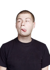 Portrait of young man. Facial expression. surprise with tongue face.