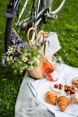 Beautiful summer picnic with strawberries, cheese and rose wine on the lawn in the city park