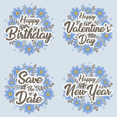 Greeting card template for happy birthday valentine's day and happy new year with flower wreath.