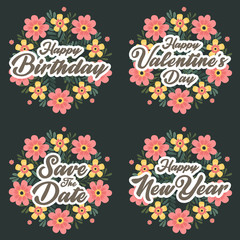 Greeting card template for happy birthday valentine's day and happy new year with flower wreath.