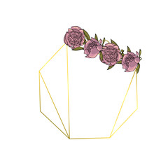 Hand drawn doodle style violet peony flower wreath with polygonal garland, vintage geometric frame, floral design element.