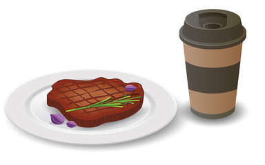 steak and hot coffee on the white background