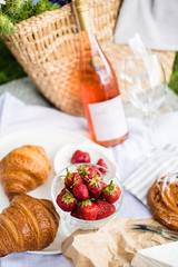 Beautiful summer picnic with strawberries, cheese and rose wine on the lawn in the city park