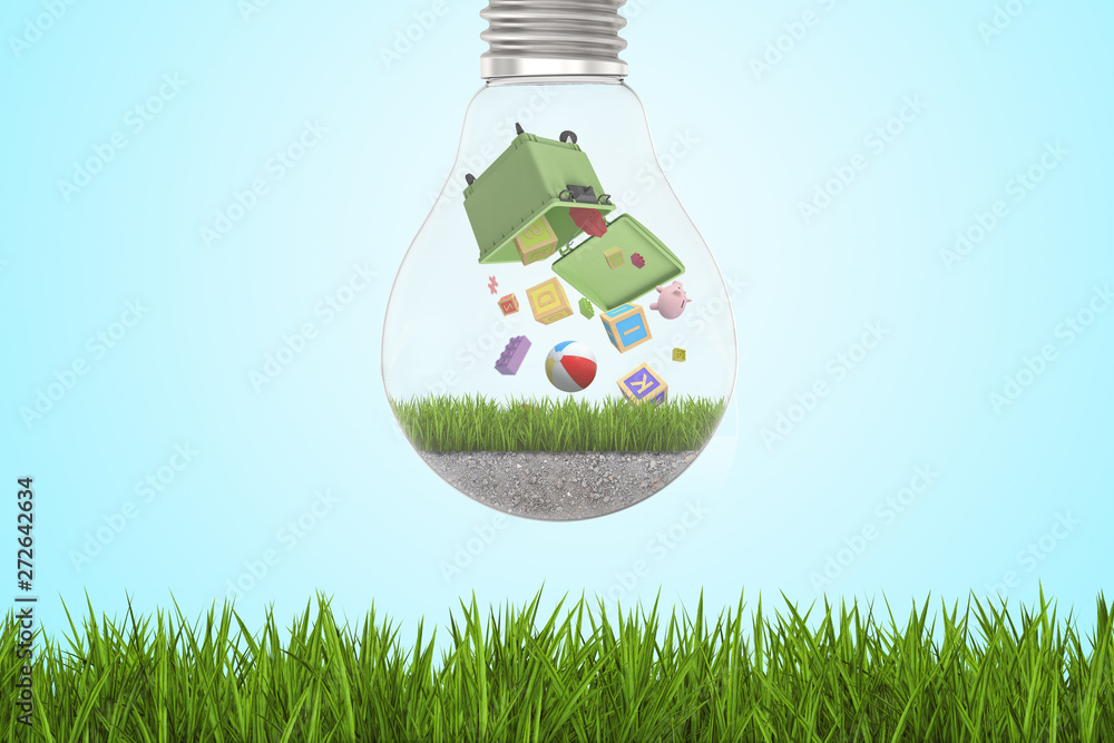Poster 3d rendering of alphabet toy blocks and balls falling out of green trash bin inside of light bulb on