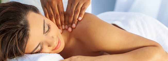 Woman At Health Spa Having Relaxing Outdoor Massage Panorama