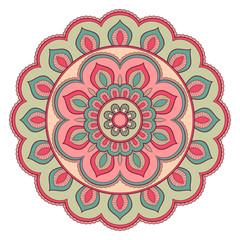 Decorative colorful ethnic mandala pattern. Design element for greeting card, banner or poster in oriental style. Hand drawn illustration