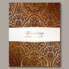 Wedding invitation card with bronze and gold shiny eastern and baroque rich foliage. Ornate islamic background for your design. Islam, Arabic, Indian, Dubai.