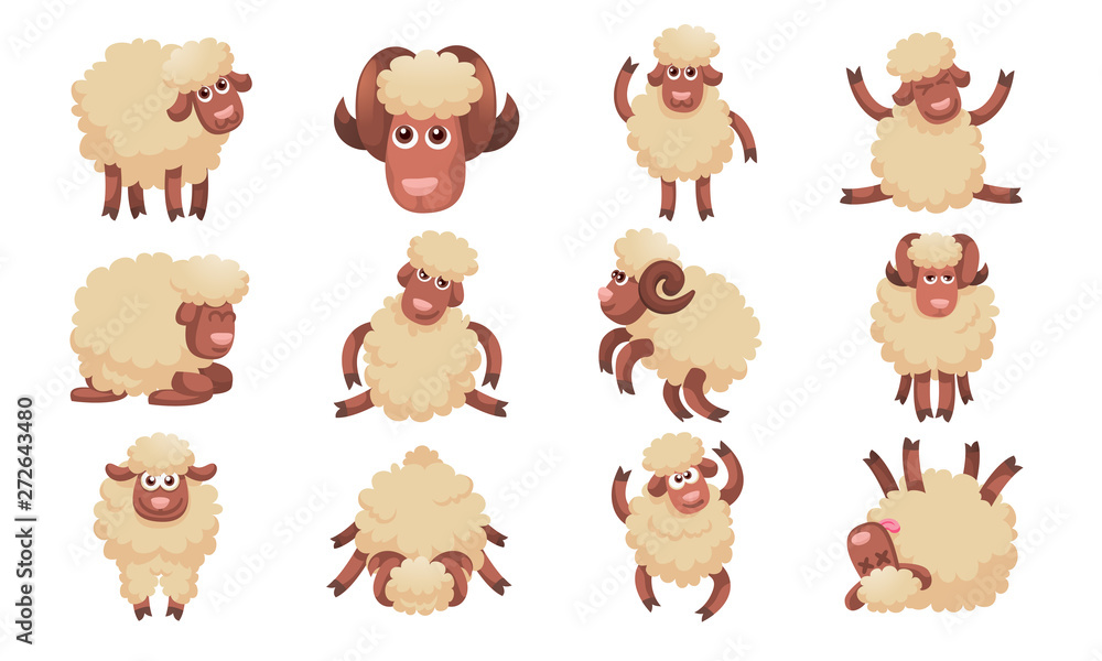 Poster sheep icons set. cartoon set of sheep vector icons for web design