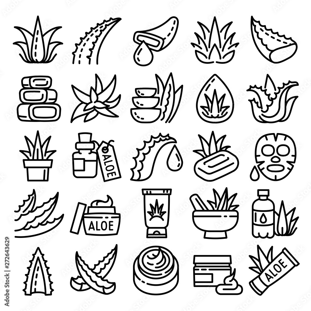 Poster aloe icons set. outline set of aloe vector icons for web design isolated on white background