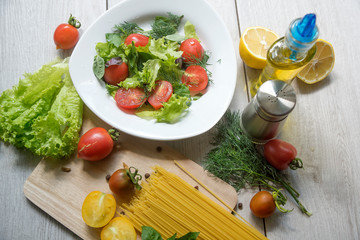 composition of healthy food ingredients isolated on white background, top view