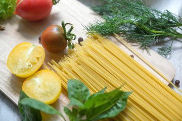 composition of healthy food ingredients isolated on white background, top view