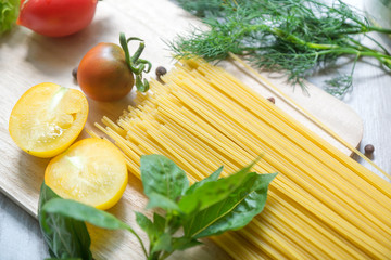 composition of healthy food ingredients isolated on white background, top view