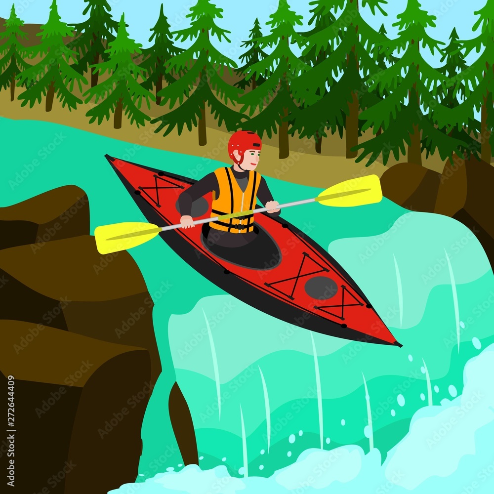 Poster man kayak rafting concept background. flat illustration of man kayak rafting vector concept backgrou