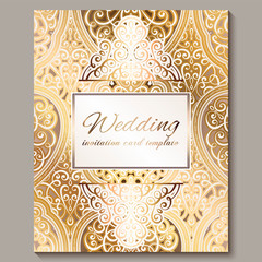 Wedding invitation card with gold shiny eastern and baroque rich foliage. Ornate islamic background for your design. Islam, Arabic, Indian, Dubai.