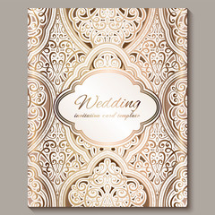 Wedding invitation card with gold shiny eastern and baroque rich foliage. Ornate islamic background for your design. Islam, Arabic, Indian, Dubai.