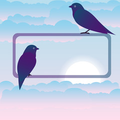Birds in love sit on the sky background. Vector illustration.
