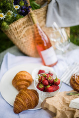 Beautiful summer picnic with strawberries, cheese and rose wine on the lawn in the city park