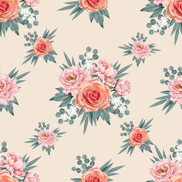 Seamless pattern beautiful pink Paeonia and Rose vintage flowers background.Vector illustration watercolor style.