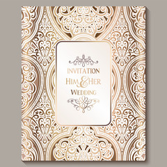 Wedding invitation card with gold shiny eastern and baroque rich foliage. Ornate islamic background for your design. Islam, Arabic, Indian, Dubai.
