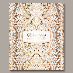 Wedding invitation card with gold shiny eastern and baroque rich foliage. Ornate islamic background for your design. Islam, Arabic, Indian, Dubai.