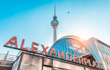 Berlin Alexanderplatz with TV tower at sunset, Germany - obrazy, fototapety, plakaty