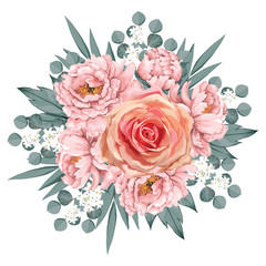 Fototapeta premium Floral vintage pink Rose,Paeonia and Murraya paniculata flowers Eucalyptus leaves.Vector illustration watercolor hand drawing.