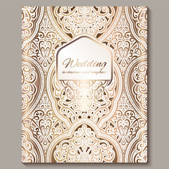 Wedding invitation card with gold shiny eastern and baroque rich foliage. Ornate islamic background for your design. Islam, Arabic, Indian, Dubai.