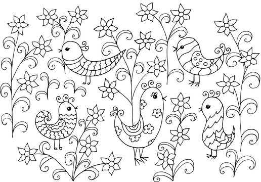 Doodle coloring page with flowers and birds