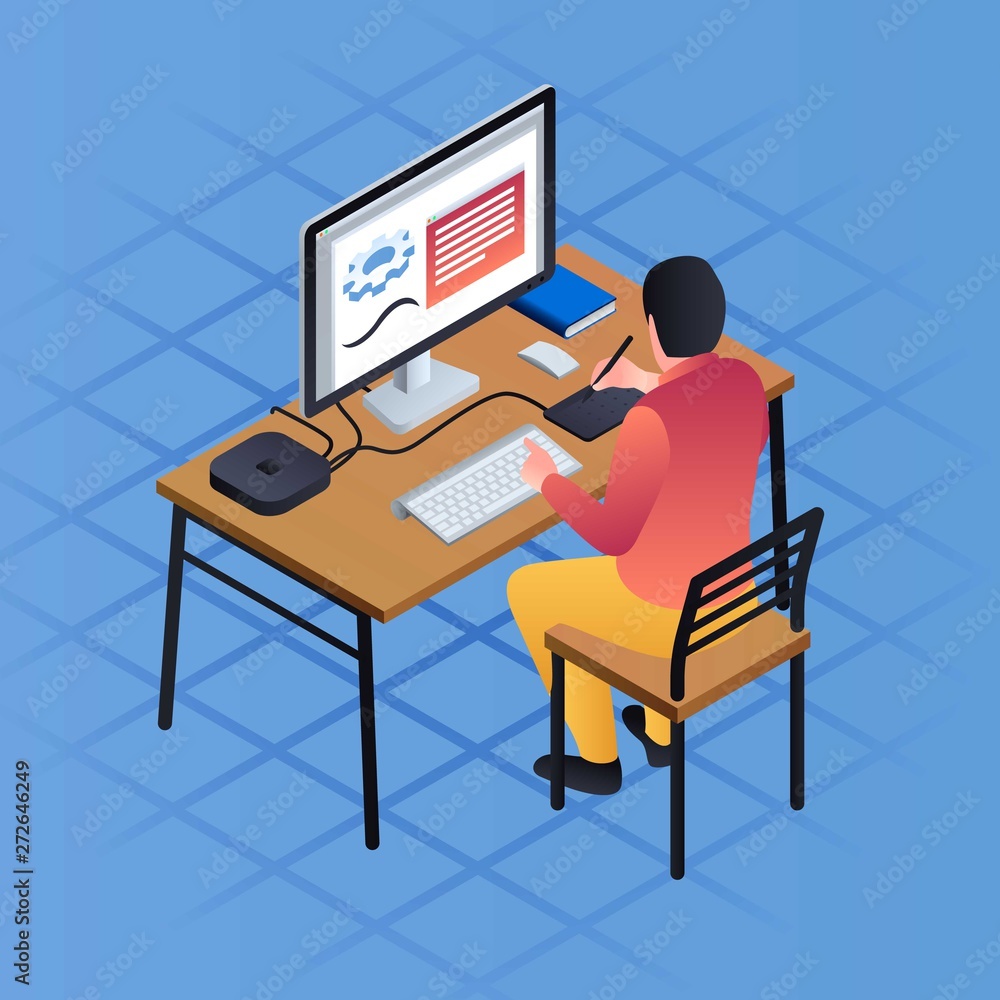 Poster man work distant concept background. isometric illustration of man work distant vector concept backg