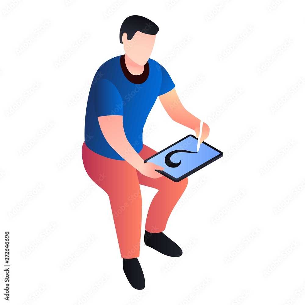 Aufkleber man drawing at tablet icon. isometric of man drawing at tablet vector icon for web design isolated o