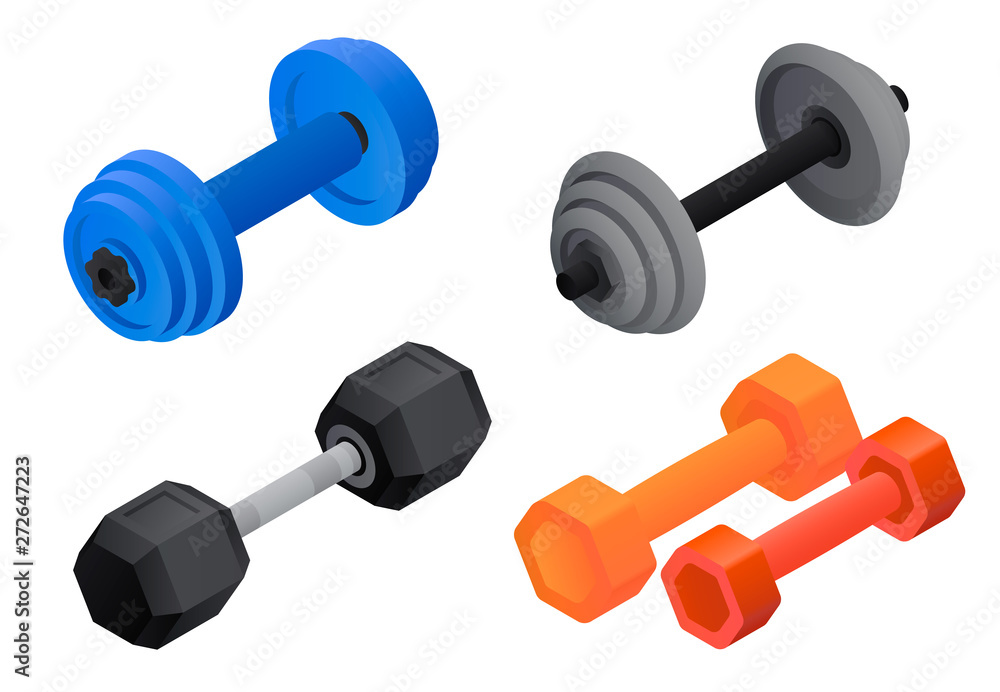 Poster dumbell icons set. isometric set of dumbell vector icons for web design isolated on white background