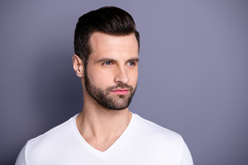 Fototapeta premium Close up side profile photo amazing he him his macho perfect ideal appearance neat bristle easy-going person calm not talk tell speak say smile wear casual white t-shirt isolated grey background