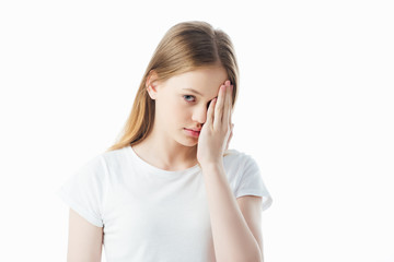frustrated teenage girl showing facepalm isolated on white