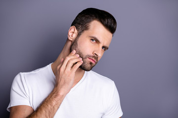 Close up photo amazing he him his macho perfect appearance touch arm hand bristle not sure quality...