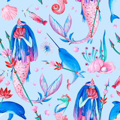 Gouache seamless fantasy underwater pattern with water nymph on blue background