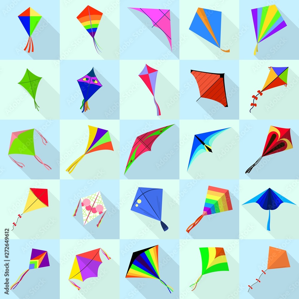 Poster kite icons set. flat set of kite vector icons for web design