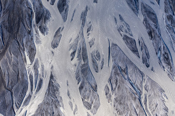 Aerial drone view of a huge glacier riverbed, Iceland