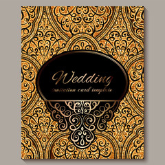 Wedding invitation card with black and gold shiny eastern and baroque rich foliage with sparkly glitter. Ornate islamic background for your design. Islam, Arabic, Indian, Dubai.