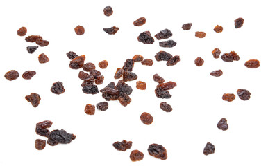 Dried raisins on a white background