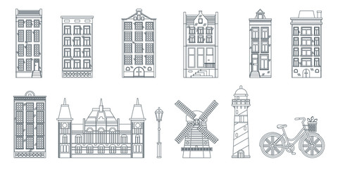Amsterdam city buildings line art black white isolated icons. Vector illustration. Travel to Netherlands design elements