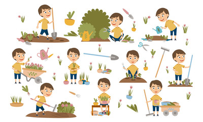 Fototapeta premium Set brown-haired boy gardening plants, weed beds, watering seedlings, pruning bushes and trees, working in the garden. People and garden tools. Vector illustration