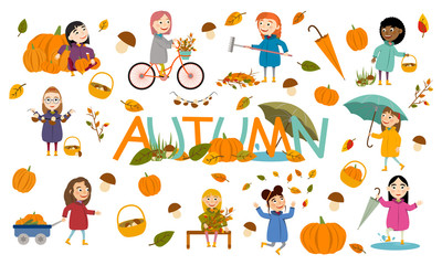 Set of different girl in an autumn jacket plays with leaves, launches a paper boat, rides a bicycle, carries pumpkins and has fun in the fall. Cute Vector Illustration