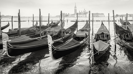 gondolas of venice in black and white