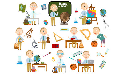 A set of blond boy school student with a short haircut. Student in different lessons: science, history, sports, art, maths, English, information technology, music. Conducting experiments. Cute Vector 