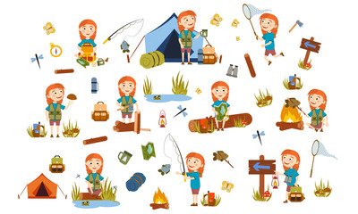 Set a redhead girl tourist on nature. Camping. Fishing, overnight in a tent, picking mushrooms, fun and relaxation. Children's camp. Scouts. Cute Vector Illustration