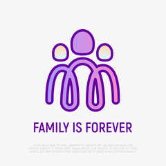 Family is forever: two parents and child symbol. Adoption, parenting logoo in heart shape. Modern vector illustration.